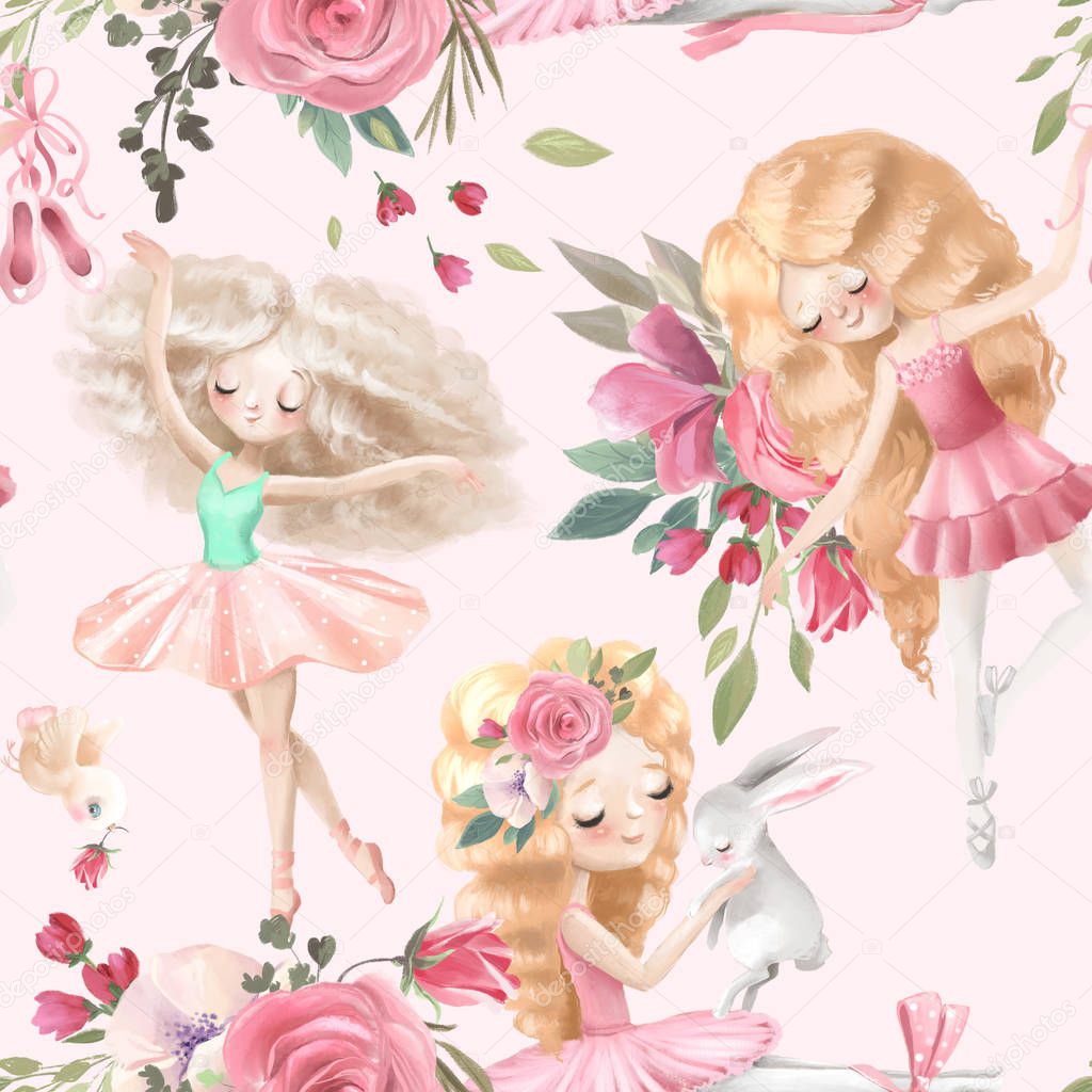 Beautiful seamless tileable pattern with watercolor ballerinas, ballet girls and pink rose flowers