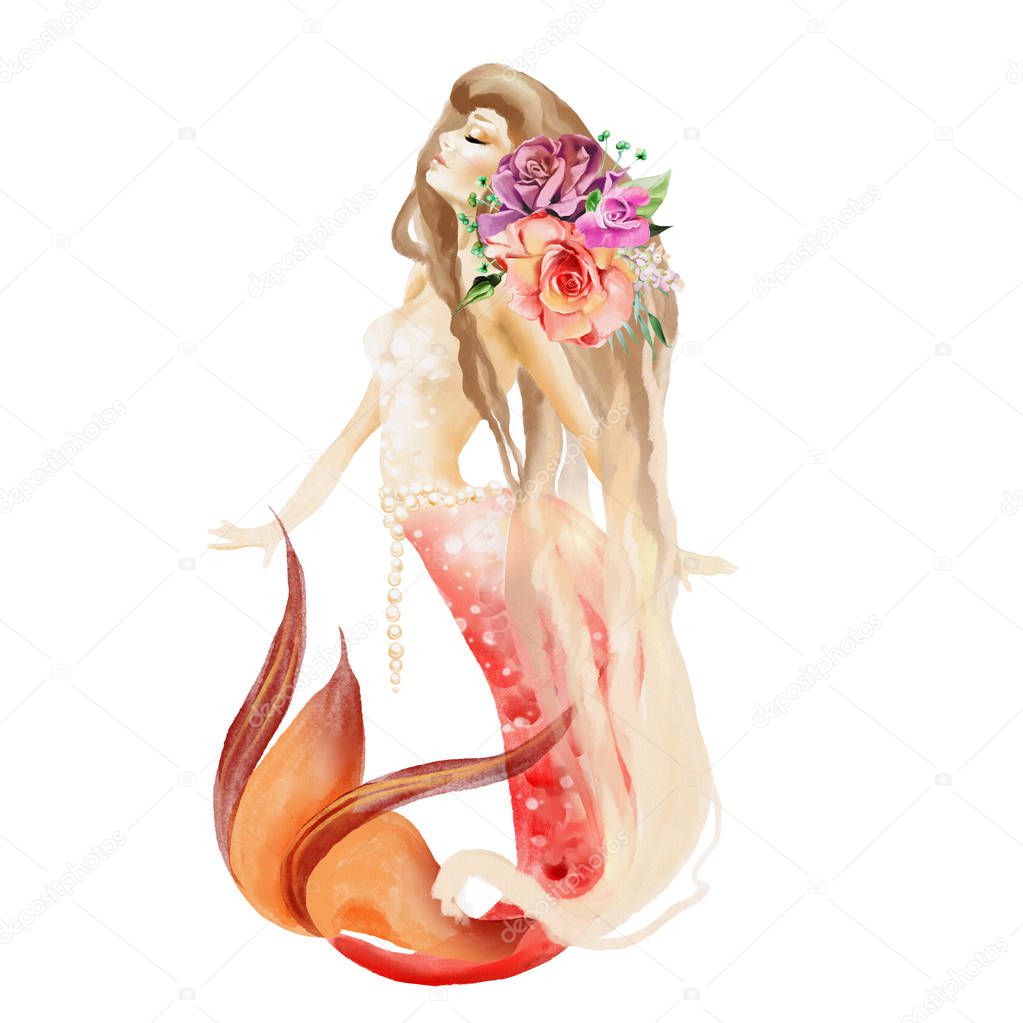 Beautiful watercolor mermaid with pearls and flowers on white background