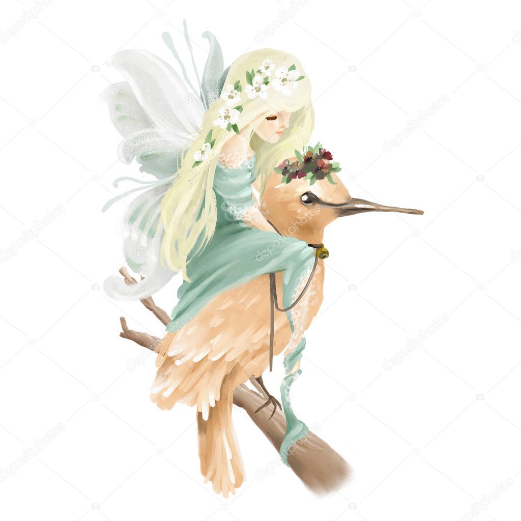 Beautiful painted fairy riding enchanted bird with floral bouquet, flowers wreath on old wood branch isolated on white background