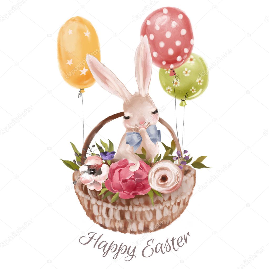 Cute hand drawn Easter bunny with tied bow in basket of flowers and balloons