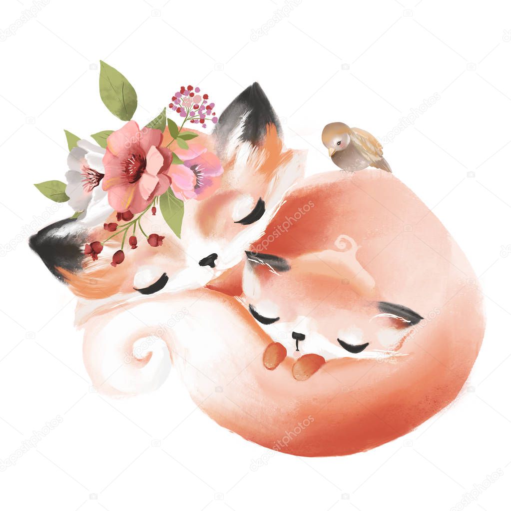 Cute watercolor mother fox with baby fox with flowers, floral wreath and bird