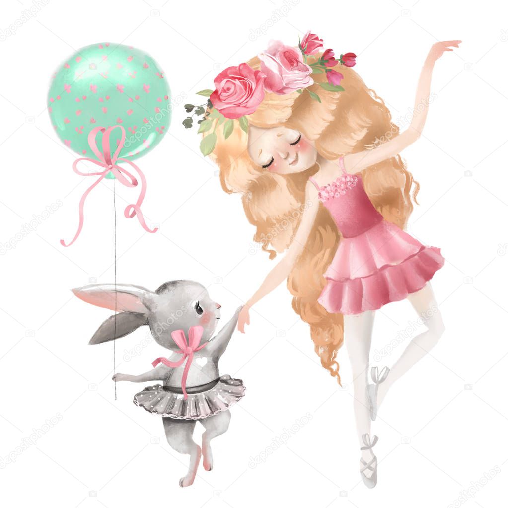 Cute ballerina girl with floral wreath and bunny in ballet dresses with balloon holding hands