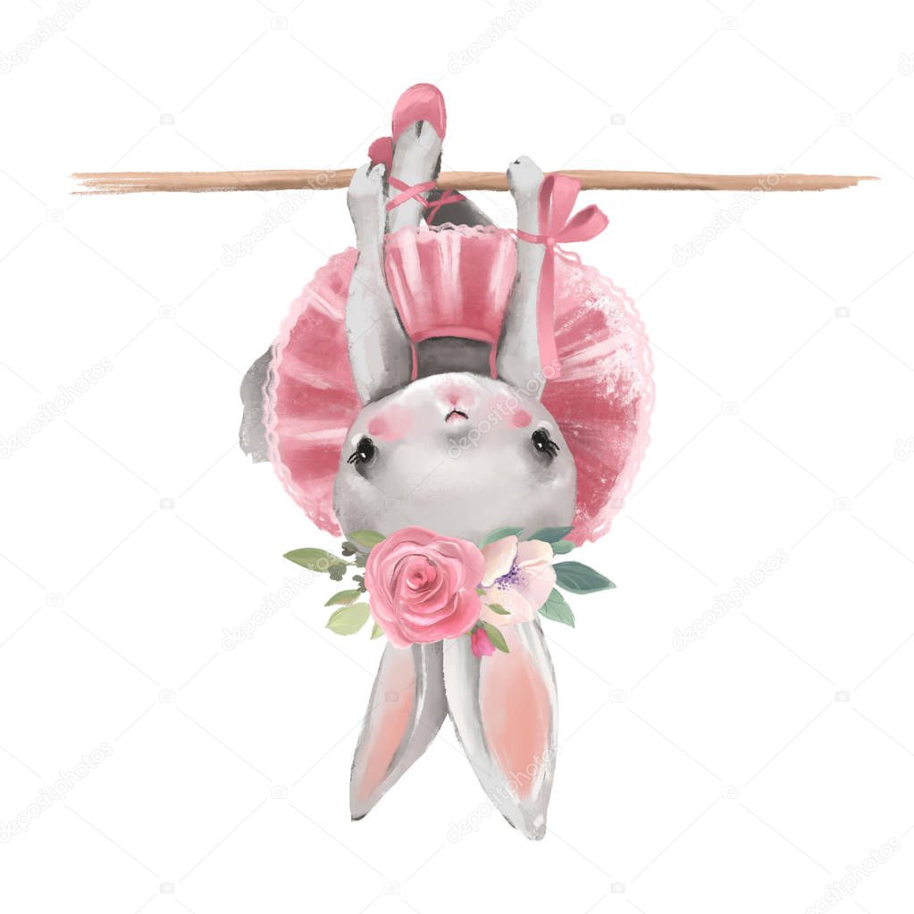 Cute ballerina bunny with flowers in ballet dress hanging on barre