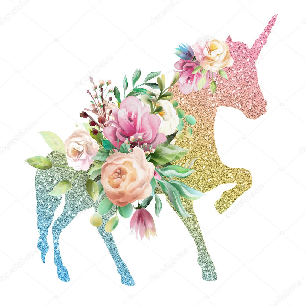 Beautiful colorful unicorn silhouette in rainbow colors with shiny golden glitter and watercolor floral bouquet