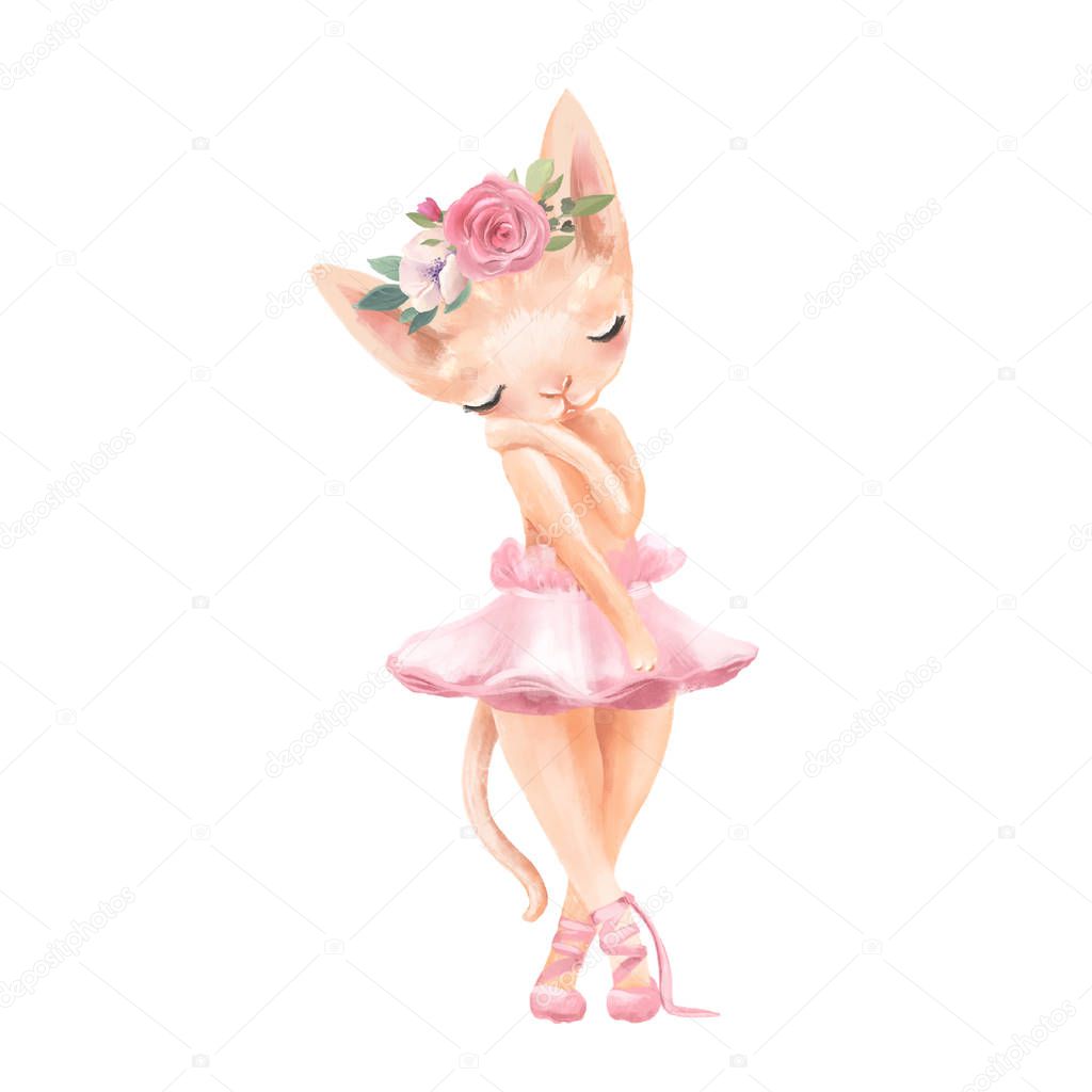 Cute ballerina kitten with floral wreath in ballet dress on white background