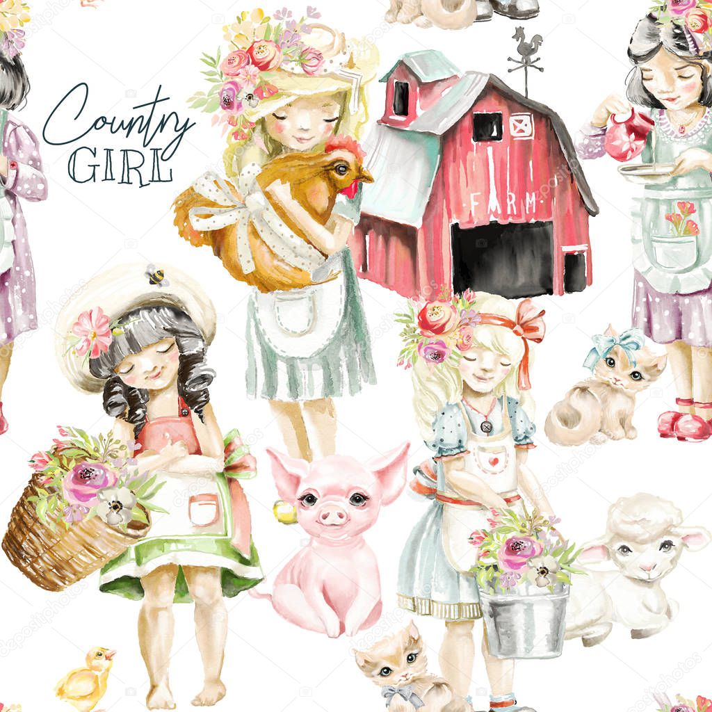 Cute watercolor farm animals with country girls with flowers and tied bows. 