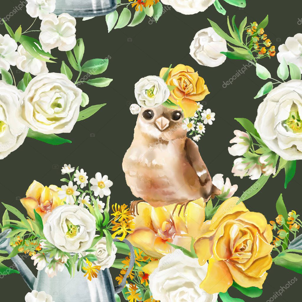 Beautiful watercolor flowers seamless pattern on dark background with rustic garden watering can and cute bird in floral crown.