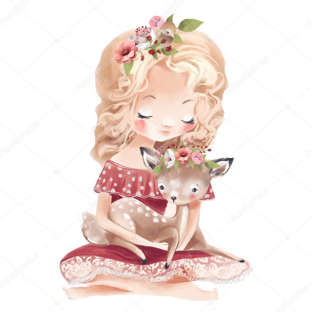 Cute girl with flowers, floral wreath and deer, fawn and bird