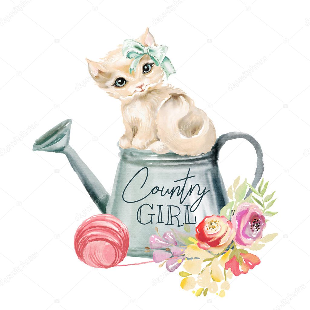 Cute watercolor kitten with tied bow and garden watering can with floral, flowers bouquet and yarn ball