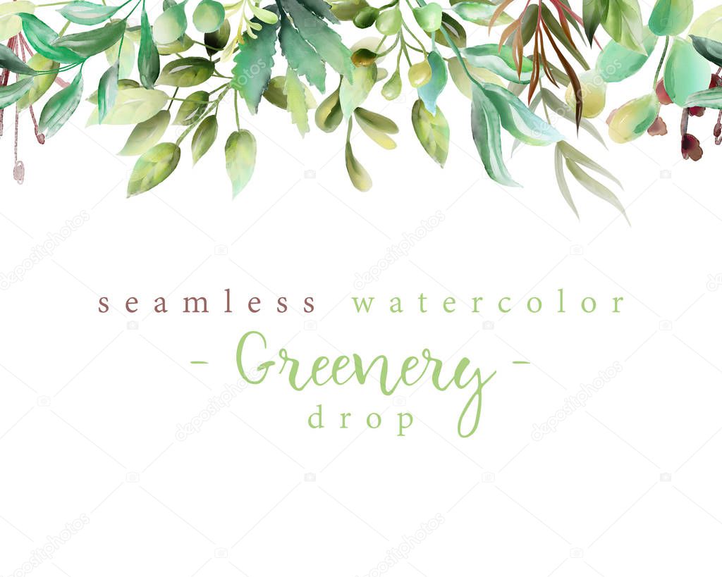 Beautiful watercolor floral greenery branches and leaves seamless tileable drop