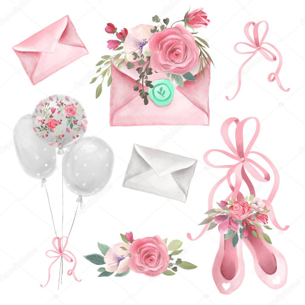 Watercolor ballet elements - ballet shoes, envelopes, flowers and balloons on white background