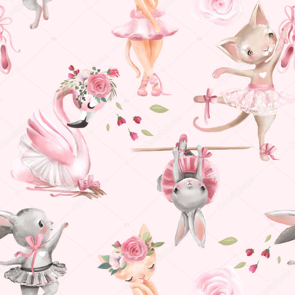 Beautiful seamless tileable pattern with watercolor ballerinas animals - bunnies, kittens and flamingo bird with pink roses