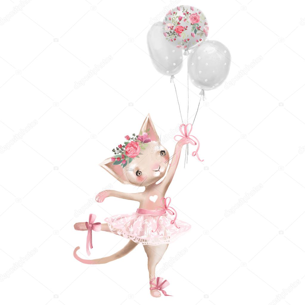 Cute ballerina kitten with floral wreath in ballet dress with balloons on white background