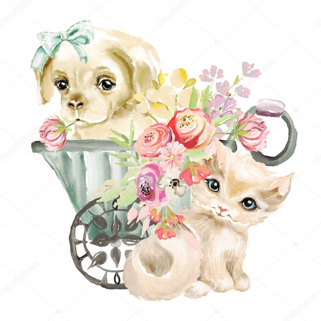 Cute watercolor kitten and little puppy with tied bow in garden wagon with flowers