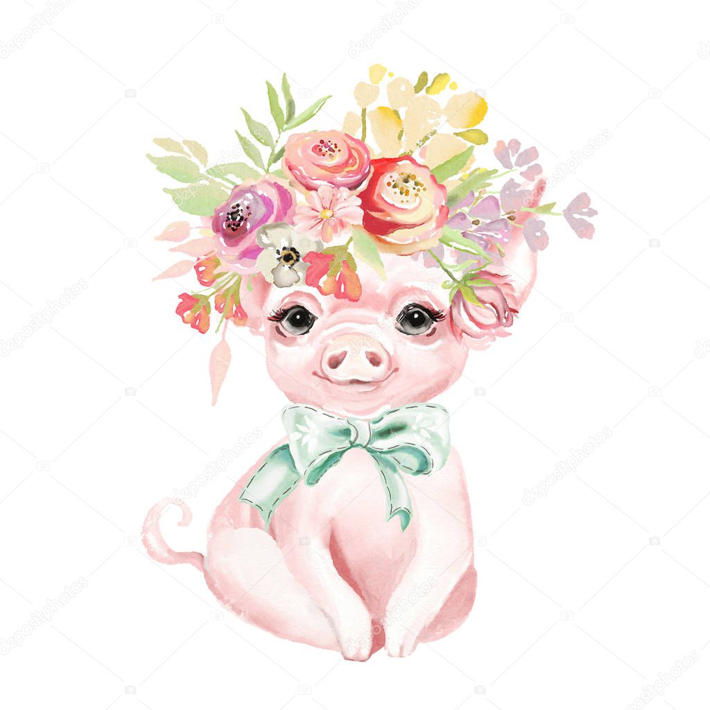 Cute watercolor piglet with tied bow and floral, flowers bouquet, wreath