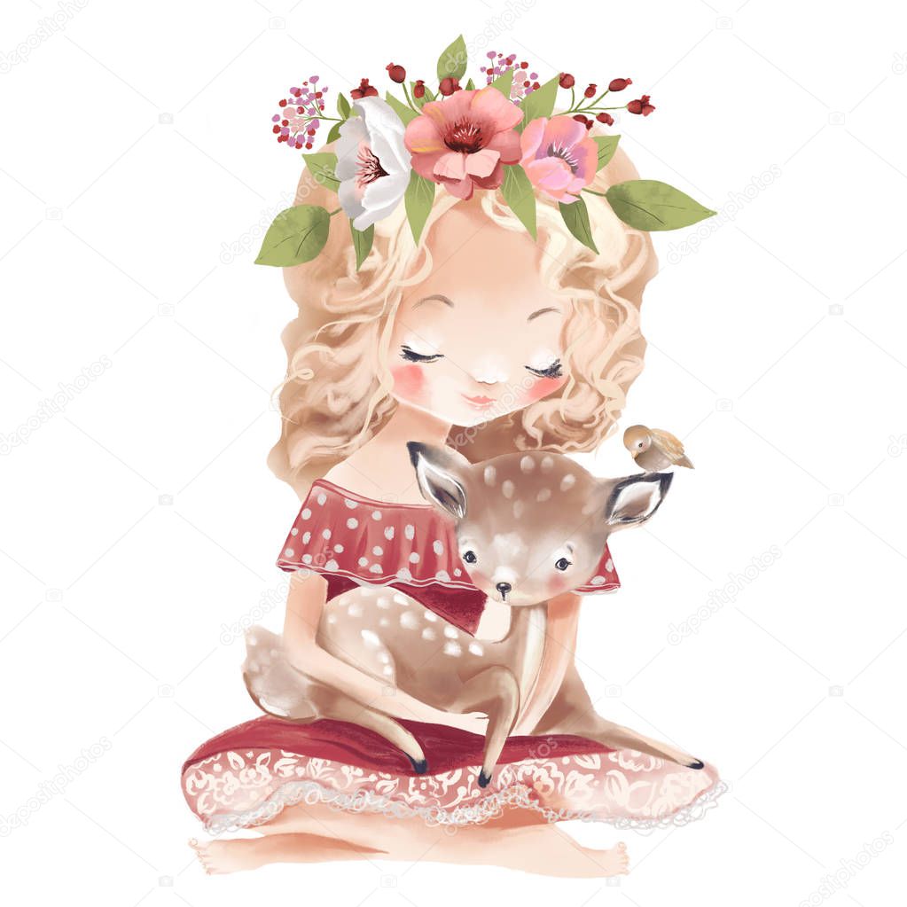 Cute girl with flowers, floral wreath and deer, fawn and bird