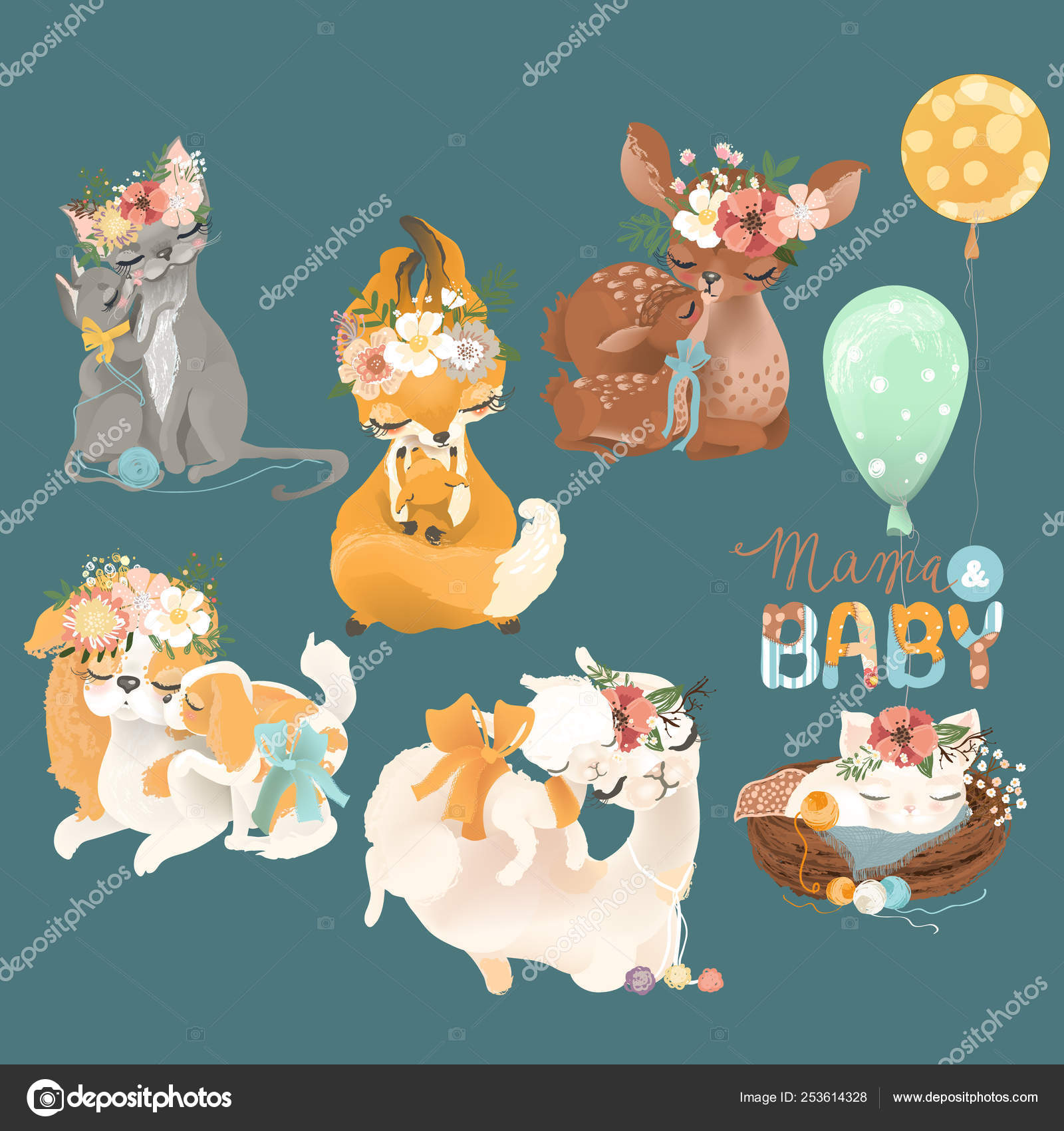 Cute Vintage Mother Baby Animals Floral Wreaths Motherhood Concept Stock Vector Image by ©babanna #253614328 Cute Vintage Mother Baby Animals Floral Wreaths Motherhood Concept Stock Vector Image by ©babanna #253614328