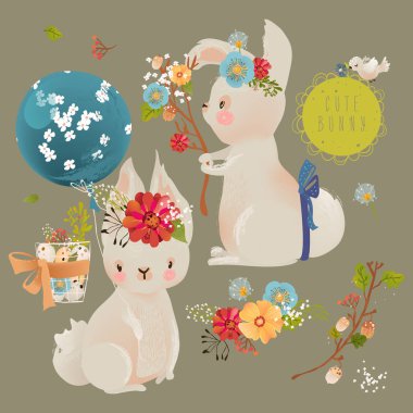 Düz arka plan üzerinde bahar çiçekleri ve balon ile Paskalya bunnies Sevimli illüstrasyon