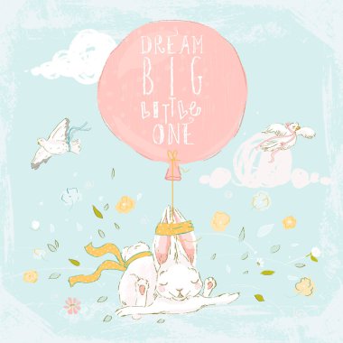 Çiçekler, balon, güvercin ve bulutlar ile sevimli el çizilmiş tavşan