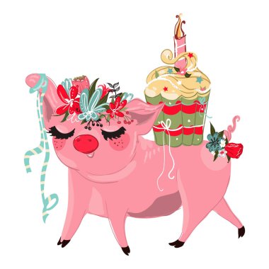 beyaz izole cupcake ile sevimli domuz