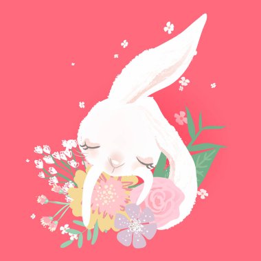 Pembe arka plan üzerinde çiçek ile tavşan Sevimli illüstrasyon