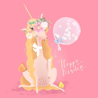 Pembe arka planda çiçekler ve balon Doğum günü kartı illüstrasyon ile sevimli Unicorn