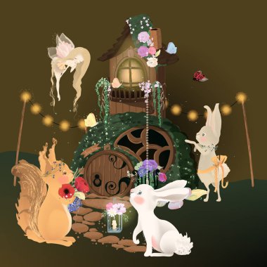 Büyülü peri kız ve ormanlık ev yakın çiçekler ile orman tavşanları ve sincap, karanlık büyülü arka planda yaratıcı illüstrasyon