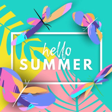 Tropikal yaprakları ve kelebekler ve basit çerçeve, tatil ve eğlence kavramı siluetleri ile Yaz mevsimsel kart