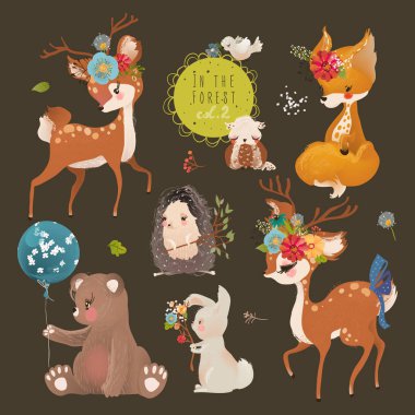 koyu arka plan üzerinde sevimli orman hayvanları seti