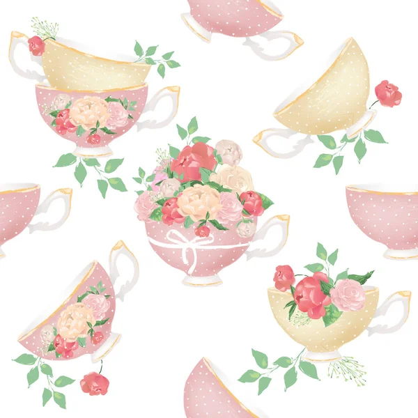 Красивые Старинные Пионы Цветы Чашки Чая Цветочные Бесшовные Картины Белом — стоковый вектор