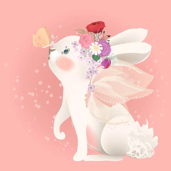 Μαγικό Λαγουδάκι Πεταλούδα Και Λουλούδια Δημιουργική Απεικόνιση Ροζ Φόντο — Διανυσματικό Αρχείο