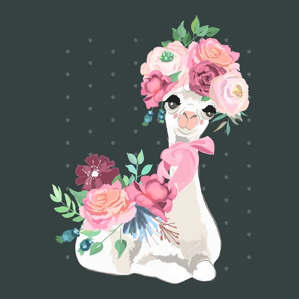 Lama Bonita Com Flores Coroa Floral Buquê Laço Amarrado Ilustração —  Vetores de Stock