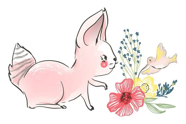 可爱的兔子与鲜花和鸟在白色背景的插图 — 图库矢量图片
