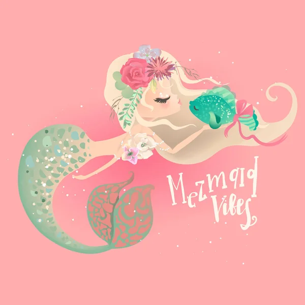 ピンクの水中背景に魚にキスかわいい人魚のキャラクター — ストックベクタ