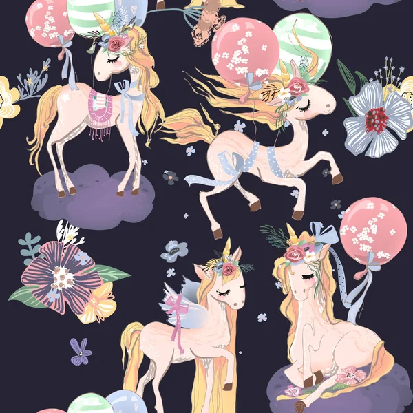 Mignonne Illustration Licornes Avec Ballons Fleurs Arcs Sur Fond Sombre — Image vectorielle