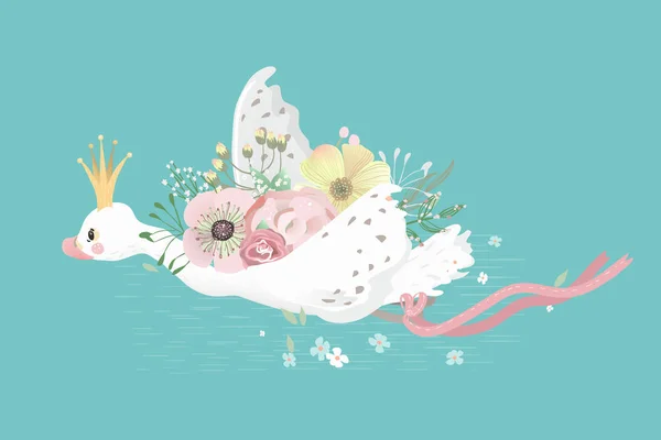 Bela Ilustração Pássaro Cisne Voador Com Flores Fundo Azul —  Vetores de Stock