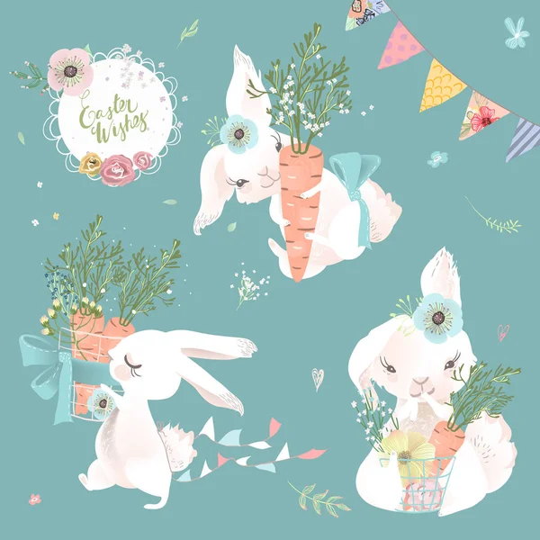 Симпатична Ілюстрація Великодніх Кроликів Морквою Синьому Фоні — стоковий вектор
