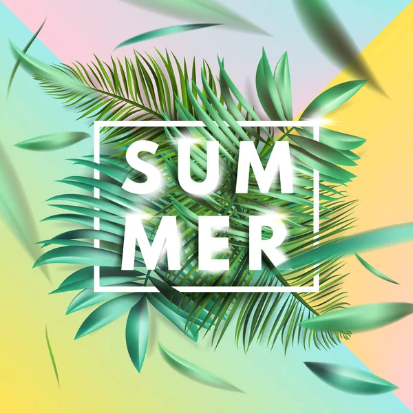 Cartão Sazonal Verão Com Plantas Tropicais Folhas Verdes Voadoras Letras —  Vetores de Stock