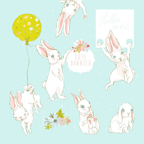 Sevimli Çizilmiş Ormanlık Beyaz Tavşanlar Set — Stok Vektör