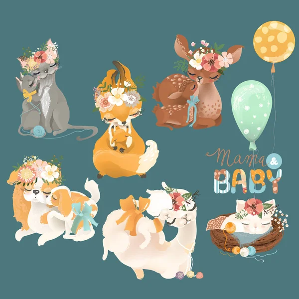 Bonito Vintage Mãe Bebê Animais Com Coroas Florais Conceito Maternidade — Vetor de Stock