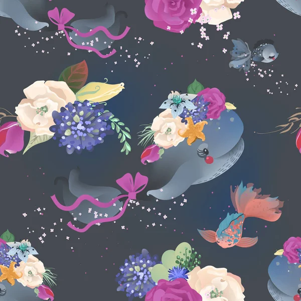 可爱的无缝瓷砖模式与鱼和鲸鱼在黑暗的海洋背景 — 图库矢量图片
