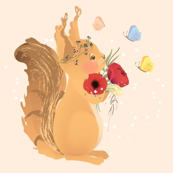 Magiczna Wiewiórka Kwiatami Butterlies Kreatywna Ilustracja Beżowym Tle — Wektor stockowy