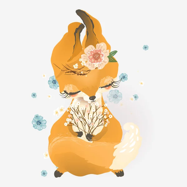 Mignon Personnage Renard Vintage Avec Des Fleurs Sur Fond Gris — Image vectorielle