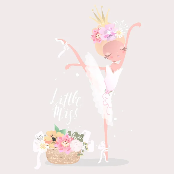 Mooie Illustratie Van Schattige Ballerina Meisje Met Bloemen Kroon Grijze — Stockvector