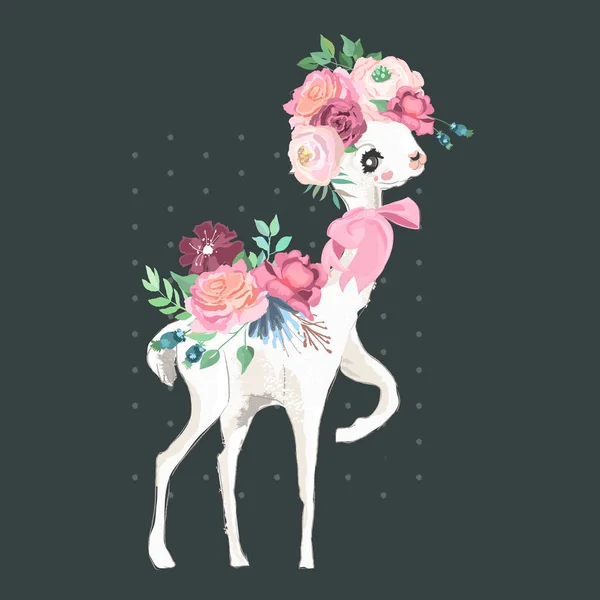 Hermosa Llama Con Flores Corona Floral Ramo Lazo Atado — Vector de stock