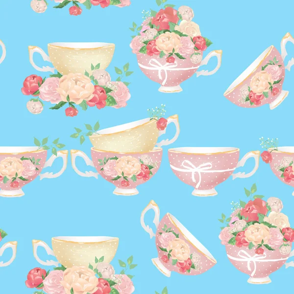 Красивые Старинные Пионы Цветы Чашки Чая Цветочные Бесшовные Картины Голубом — стоковый вектор