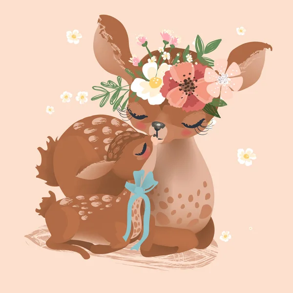 可爱的复古鹿妈妈和小鹿字符在米色背景 — 图库矢量图片