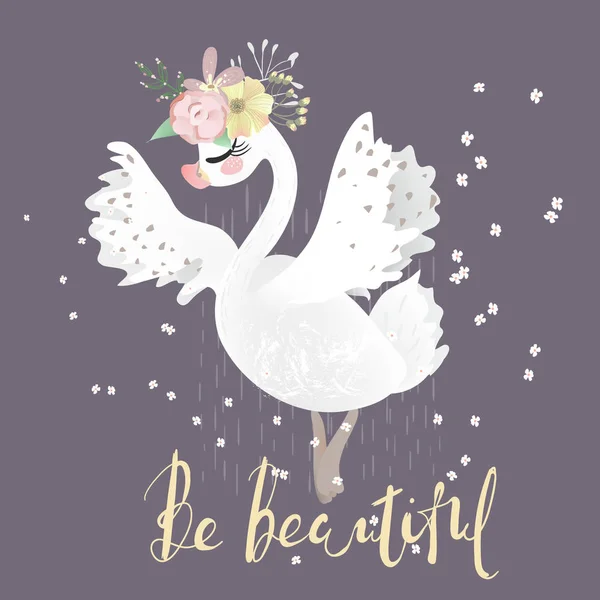 Belle Illustration Cygne Dansant Oiseau Avec Des Fleurs Sur Fond — Image vectorielle