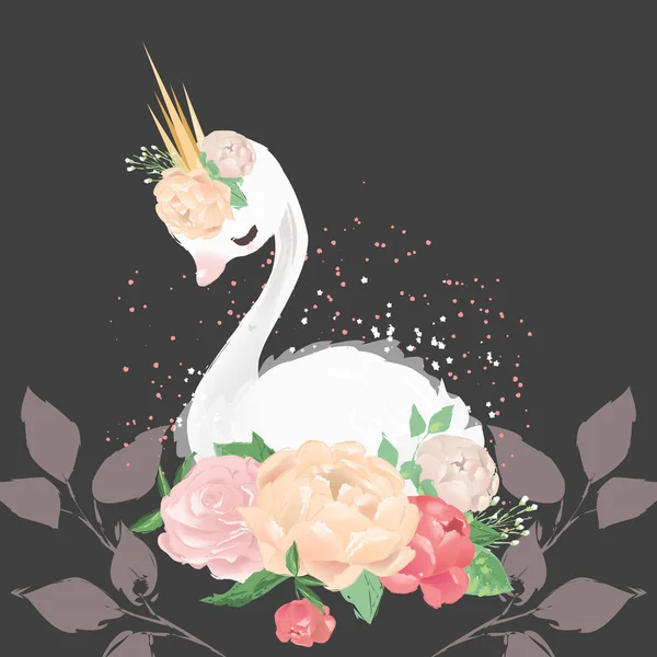 Hermosa Ilustración Cisne Pájaro Con Corona Flores Sobre Fondo Oscuro — Vector de stock