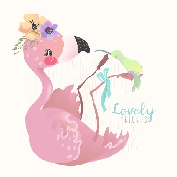 Belle Illustration Flamant Rose Avec Colibri Fleurs Sur Fond Beige — Image vectorielle